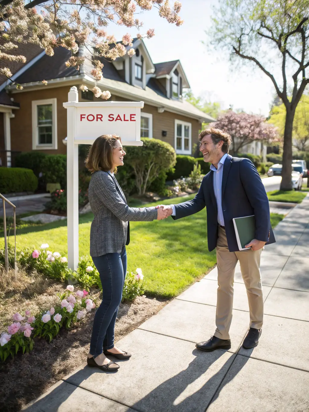 A friendly real estate agent shaking hands with a homeowner in front of a house, symbolizing the initial consultation.