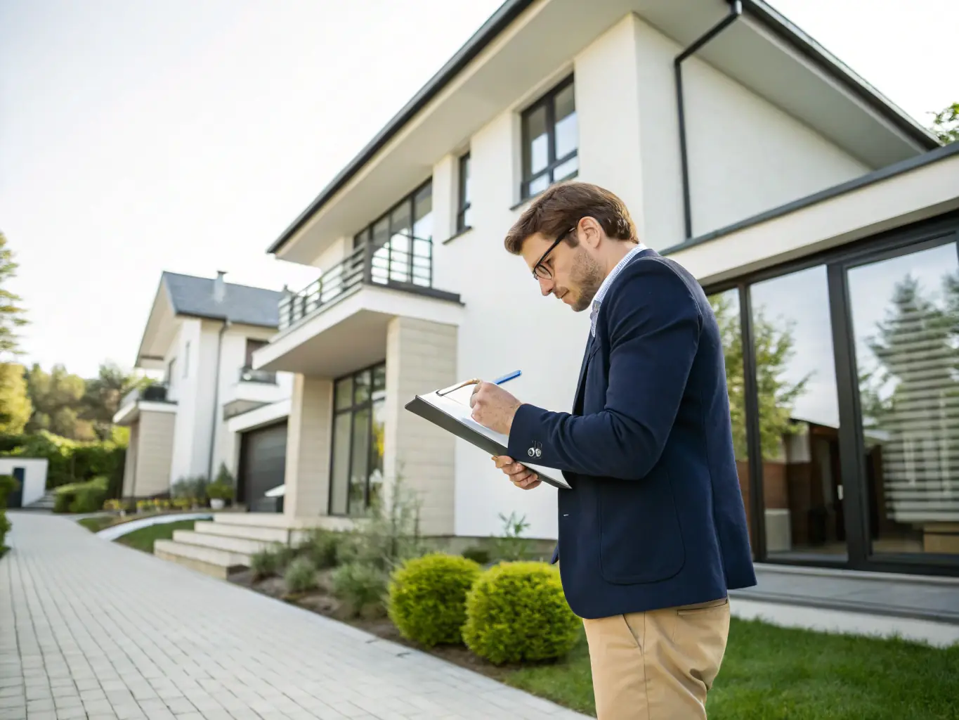 A photo depicting a quick property assessment: a Paidin48 representative quickly evaluating a home's exterior with a tablet in hand, showcasing the initial step in their streamlined process.