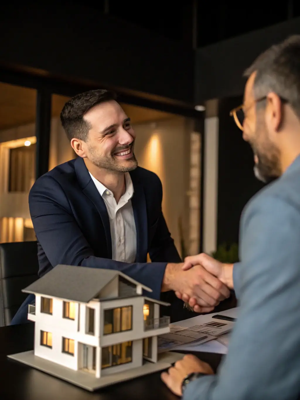 A professional signing paperwork with a happy client, showcasing the streamlined closing process and the transfer of funds.