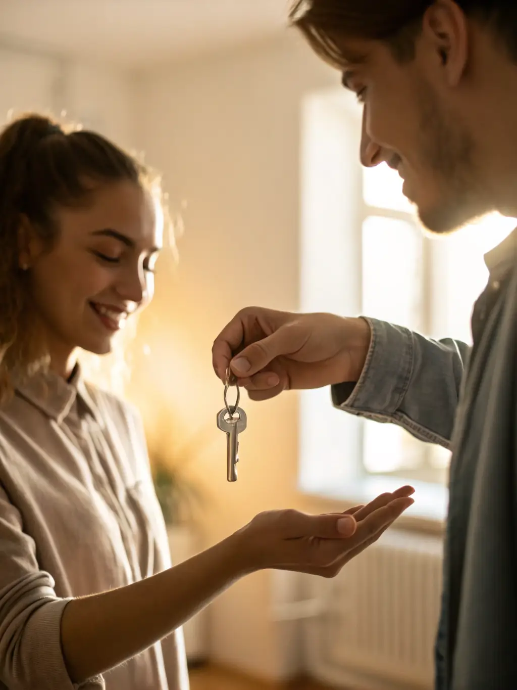 A house key being exchanged for cash, representing the final closing and payment.