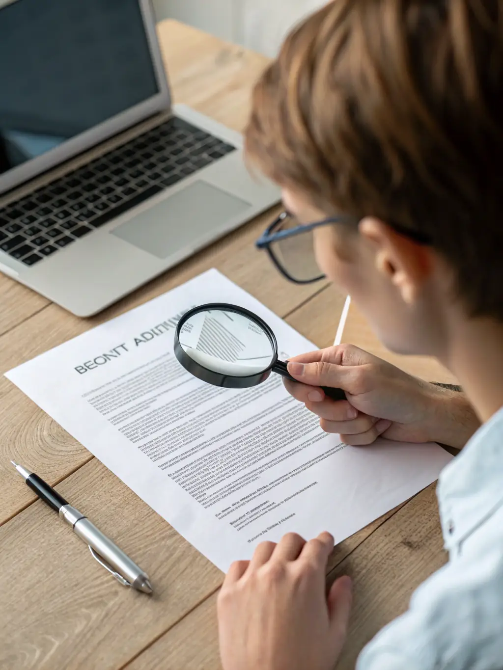 A person reviewing property documents with a magnifying glass, representing the property evaluation stage.