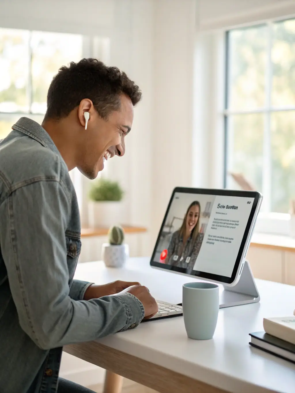 A photo of a homeowner filling out a simple online form on a laptop, with a friendly customer service representative visible in the background, symbolizing the initial contact and information gathering stage.