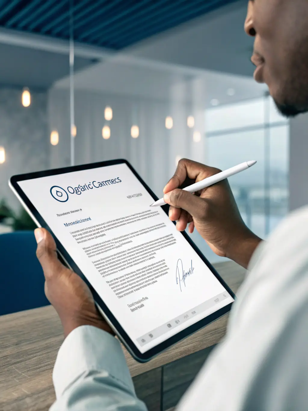A digital contract being signed on a tablet, illustrating the acceptance of the offer.